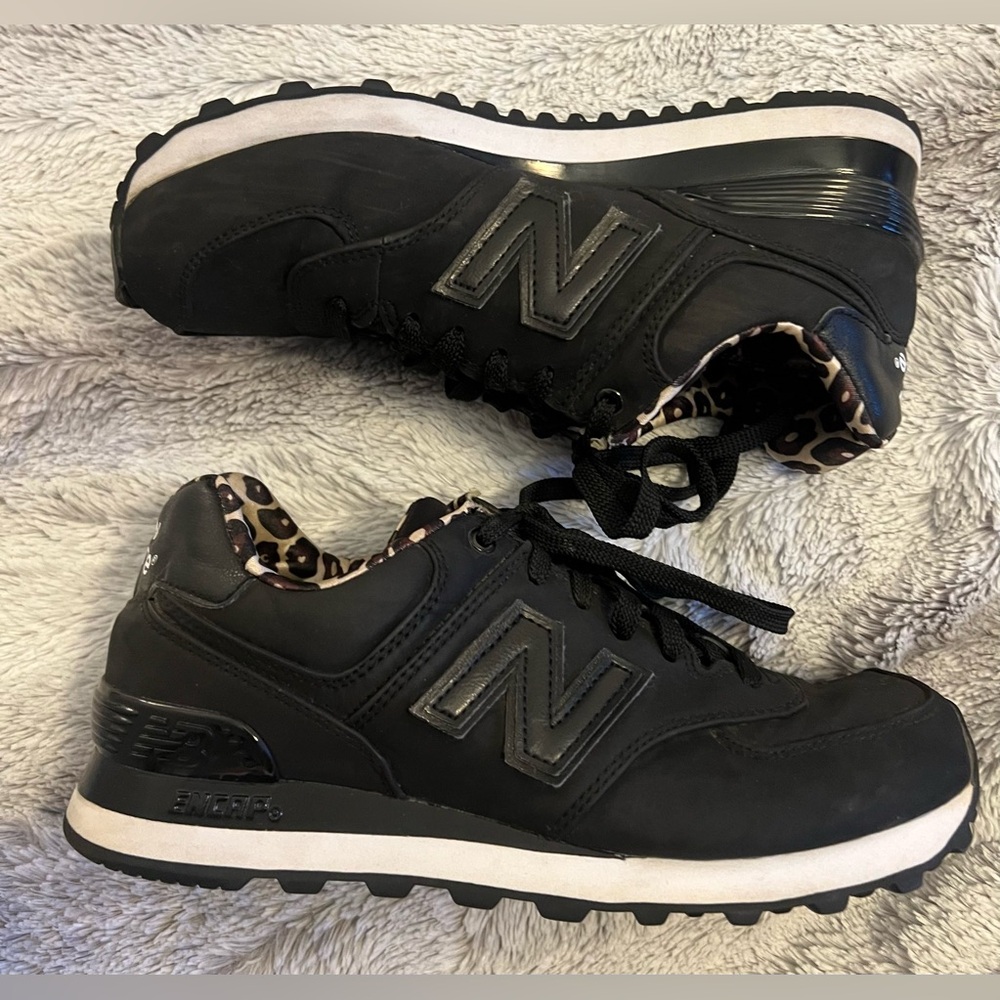 🖤 New Balance 574 Leopard Print Lined Sneakers – Black – Women’s 7 EUC 🖤